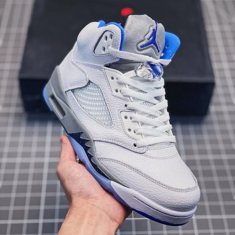 纯原aj5篮球鞋ow联名涂鸦低帮low葡萄乔5郭艾伦冰蓝男女运动板鞋白蓝