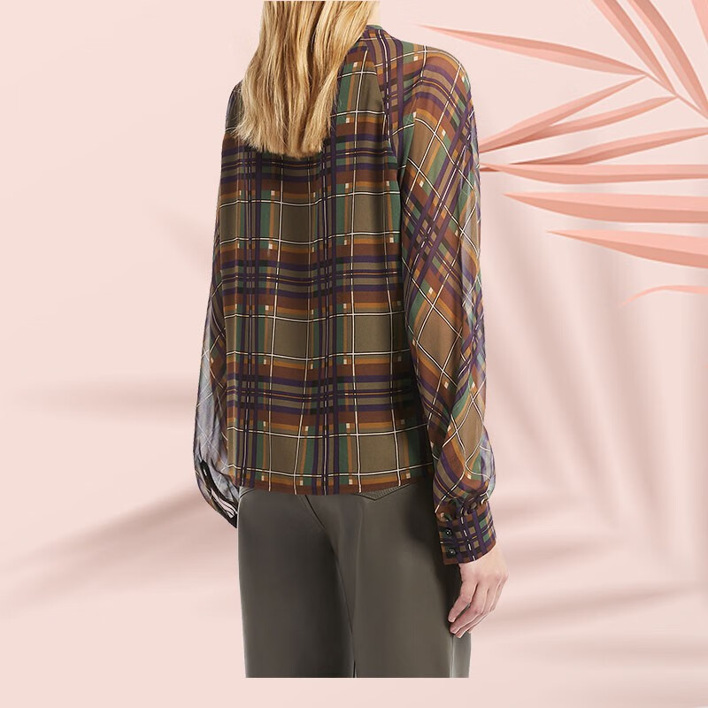 max mara 麦丝玛拉女装通体格纹印花真丝长袖衬衫时尚休闲 多色 44