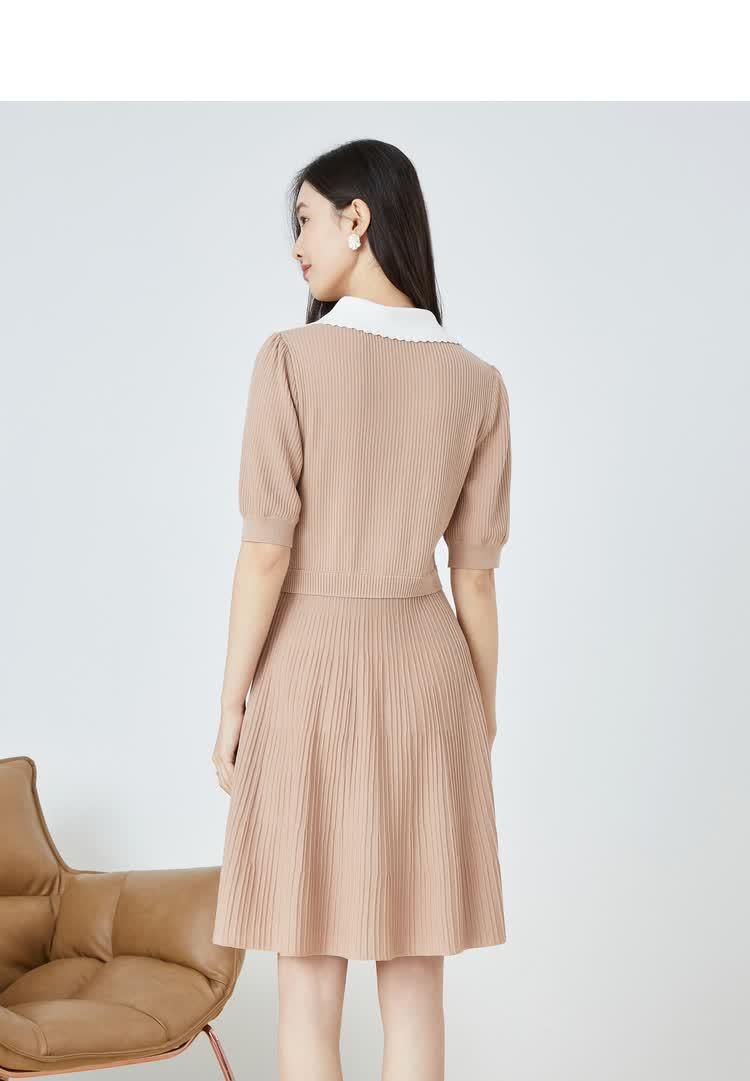 vgrass维格娜丝2022春夏新款法式复古娃娃领针织裙修身显瘦连衣裙蓝色