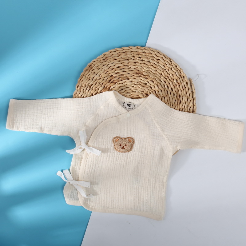 夏款吸汗柔软米黄色小熊日式半背衣宝宝衣服纱布半背衣刺绣小熊52码
