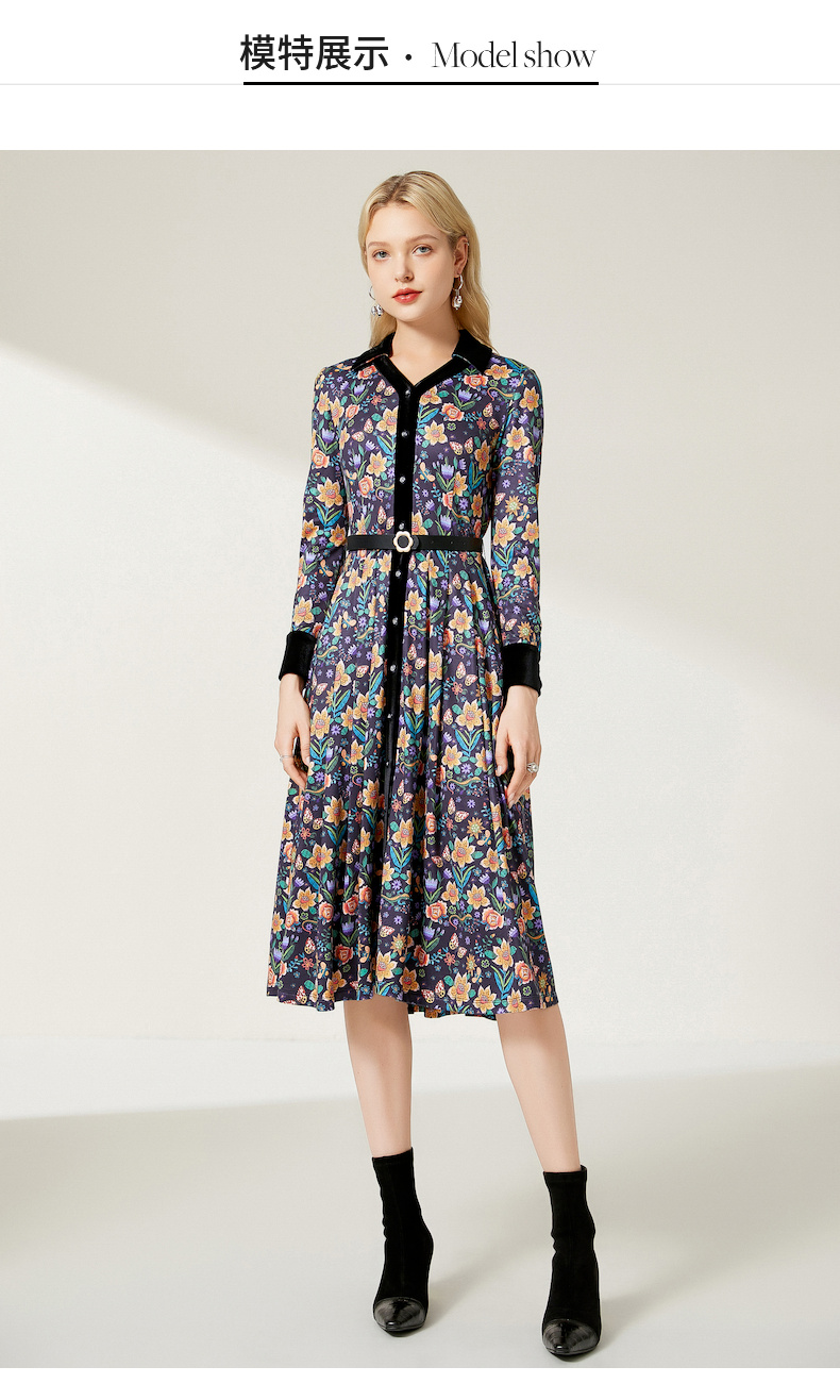 沐兰优雅印花连衣裙2021冬季新款丝绒翻领气质小a摆修身中长款灰黄花