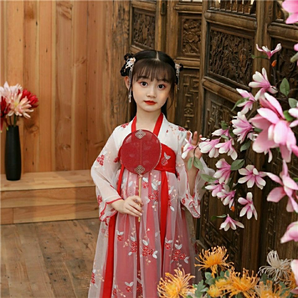 儿童汉服女童春夏季超仙连衣裙古装衣服中国风儿童套装古代仙女裙红色