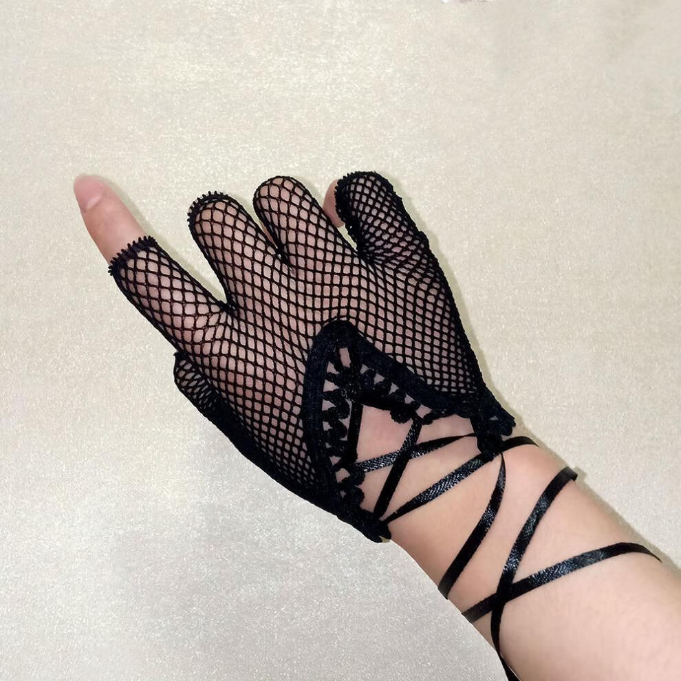 誓从新品春夏时尚渔网蕾丝防晒手套女弹力网眼半指全指表演拍照手套酷