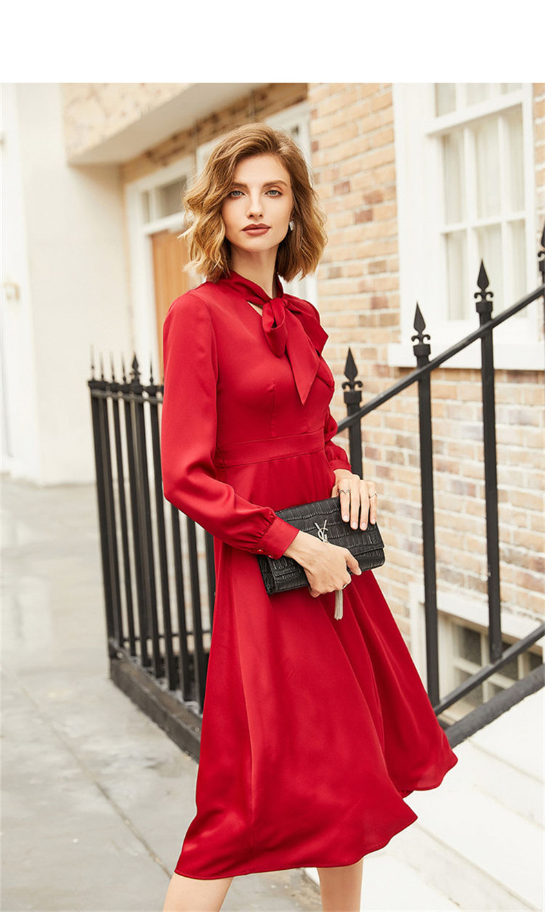 红色连衣裙女2022年春装新款法式蝴蝶结系带显瘦灯笼袖收腰飘逸中长裙