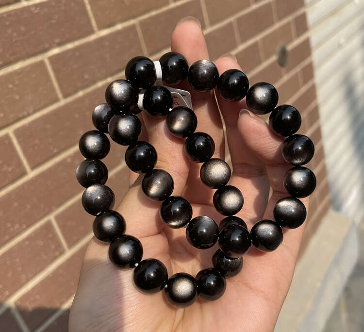 艾彩天然银曜石手链女男黑曜石单圈猫眼曜石手串情侣水晶饰品s0116