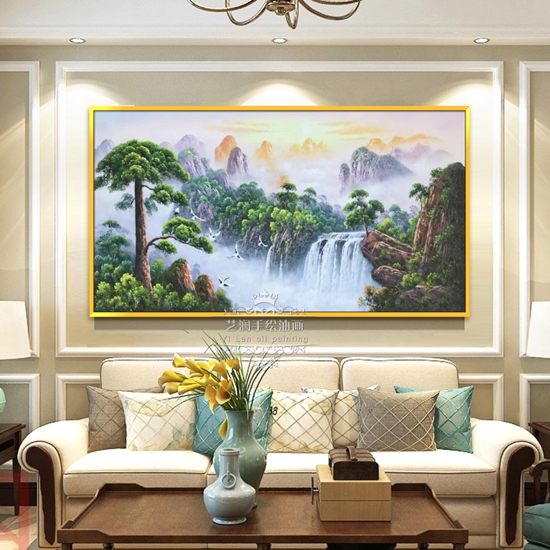 艺澜纯手绘山水风景聚宝盆油画别墅酒店办公室旭日东升招财风水画客厅