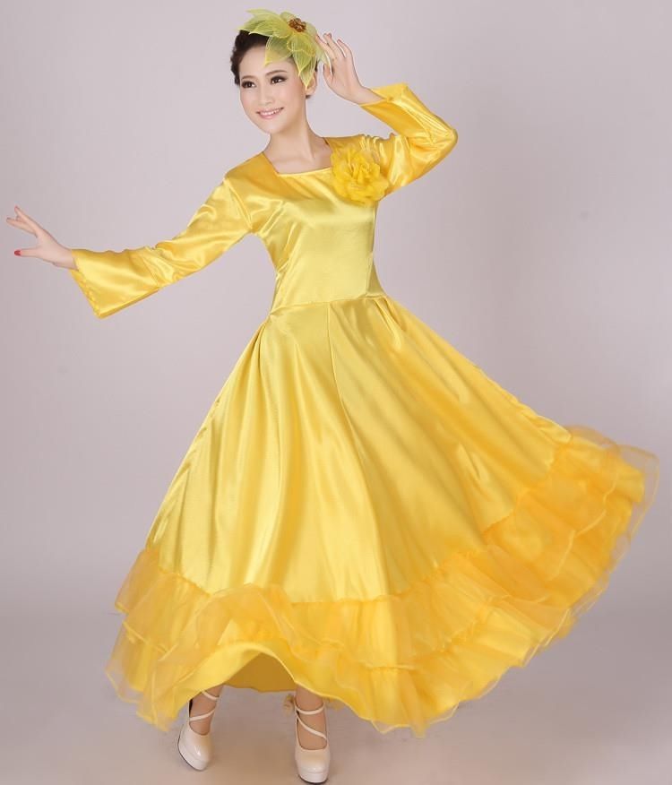 舞大摆裙女大气2021中老年舞蹈服装合唱服长裙演出服黄色180度裙摆l