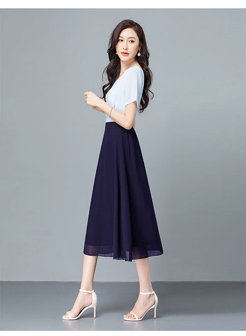 半身裙女夏季新款中长款裙子垂感a字裙高腰大码显瘦伞裙藏蓝色m95110