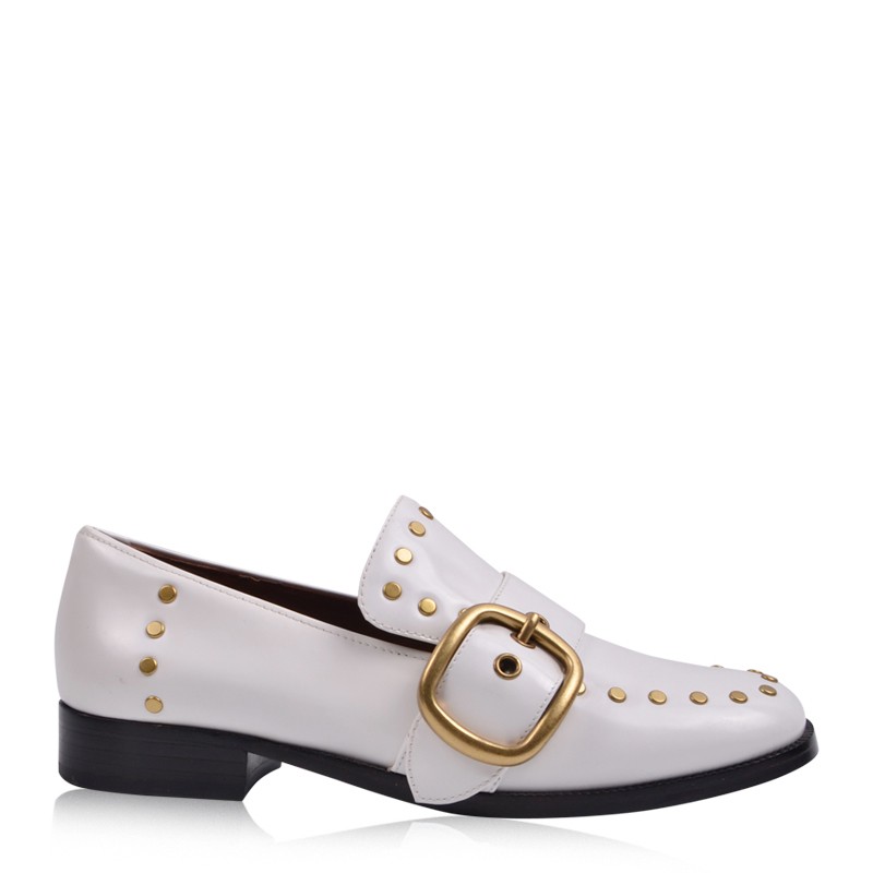 精品coach蔻驰女士白色漆皮铆钉方扣英伦风乐福鞋单鞋g2839女鞋白色系