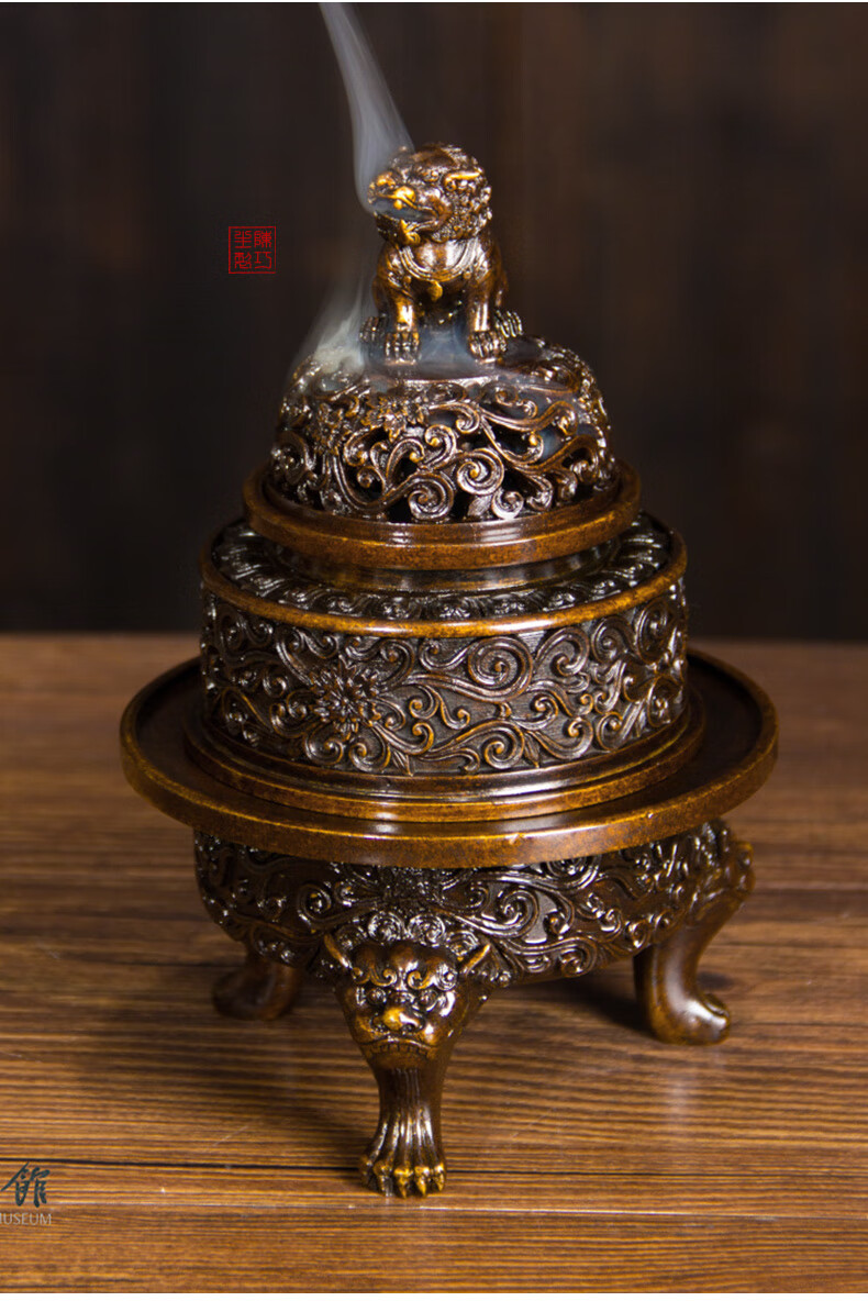 陈巧生铜香炉家用禅意摆件名家陈巧生炉缠枝莲纹狮钮熏炉c342