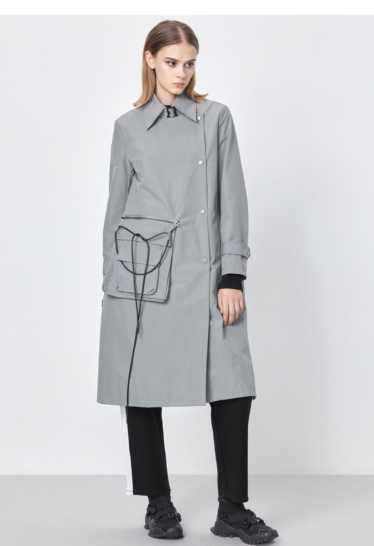 sdeer圣迪奥2021秋季新品女装个性翻领工装大口袋系带长款风衣s2