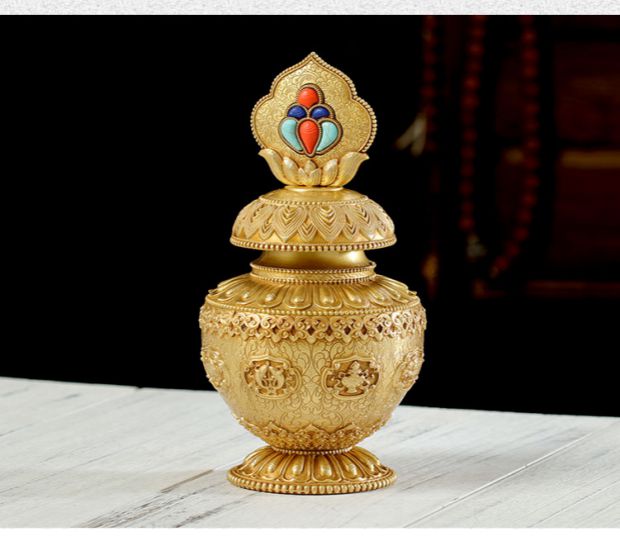 鼎盛福纯铜黄财神八吉祥莲花宝瓶佛教品龙王摩尼宝瓶藏式居家供佛摆件