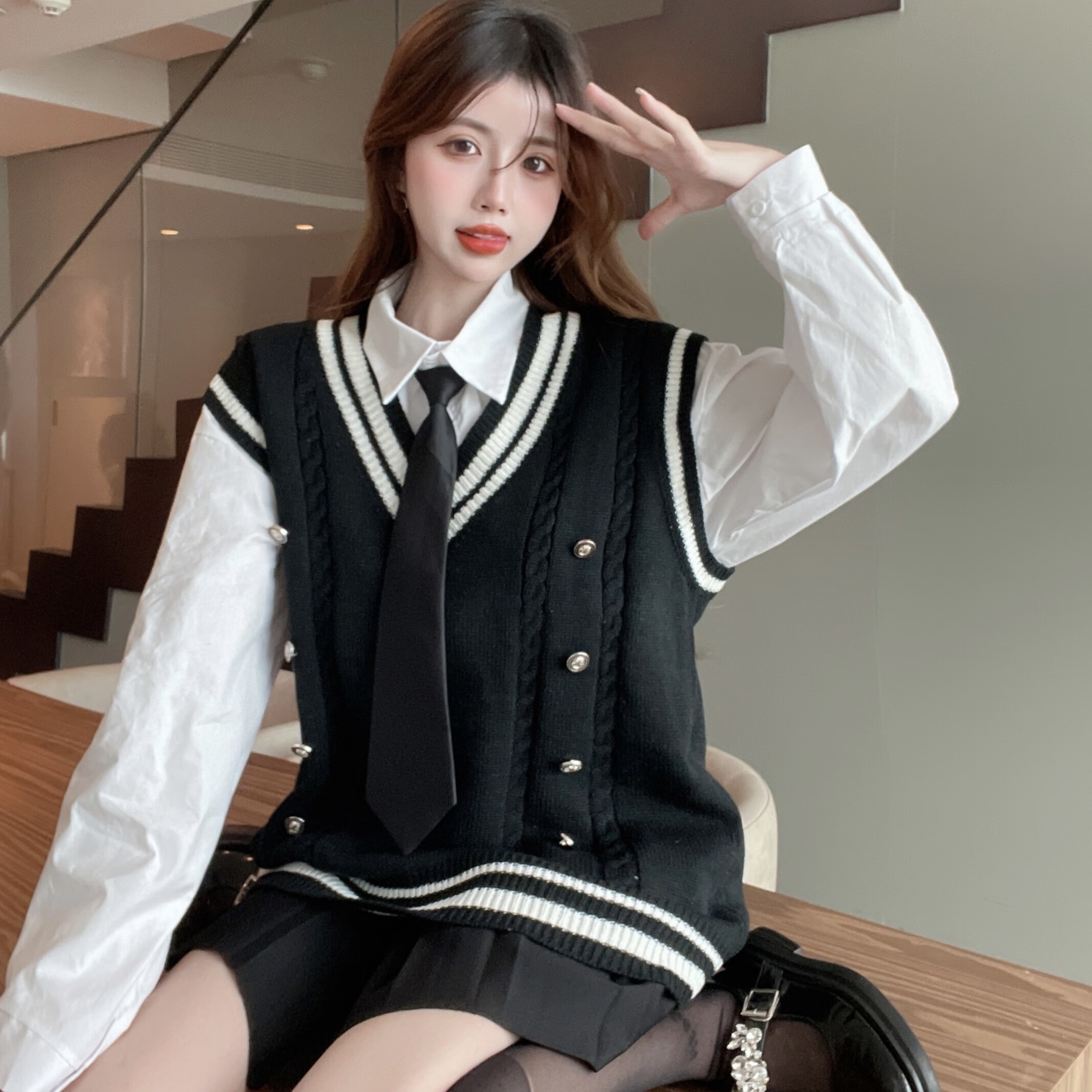 月柏吟日系jk制服学生装水手服日系学院风套装复古背心针织马甲衬衫