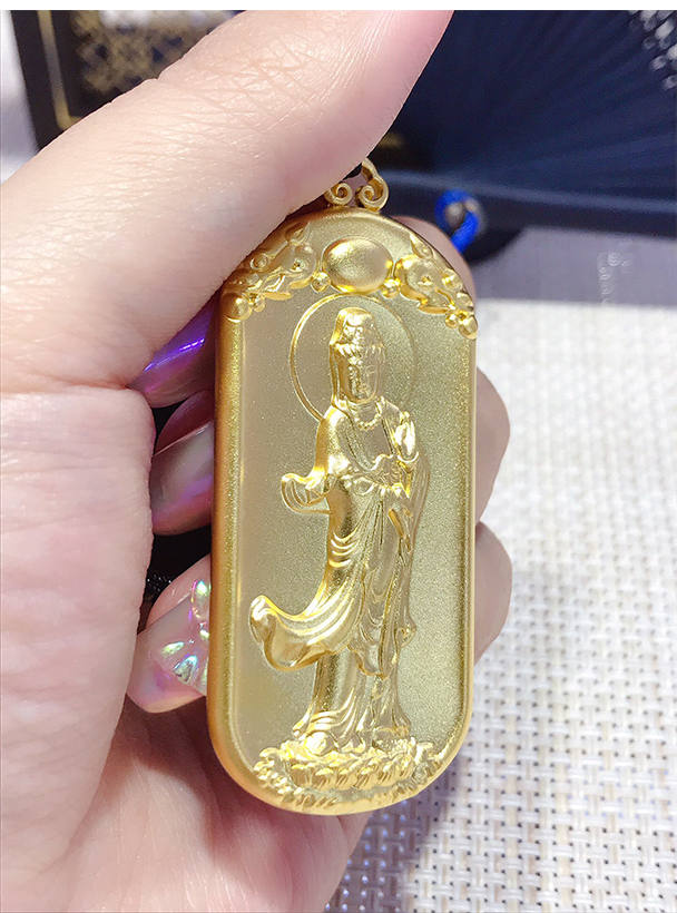 妙灵阁南无观世音菩萨吊坠古法金佛像实心黄金坠子挂绳男士高档黑绳