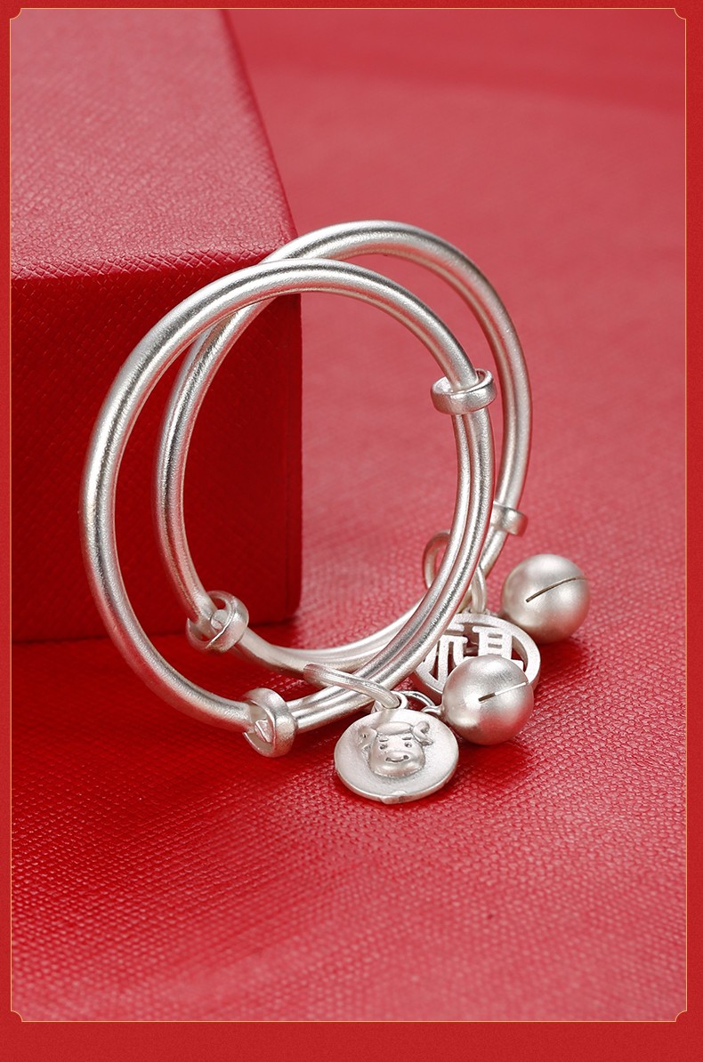 新年礼物生日礼物迎彩钻999宝宝手镯男女婴儿镯铃铛新生儿生肖牛年