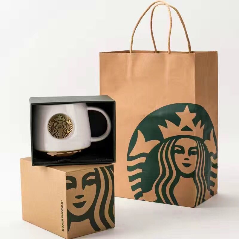 星巴克陶瓷杯子微瑕疵马克杯铜章咖啡杯圣诞新款情侣带盖水杯金色桂花