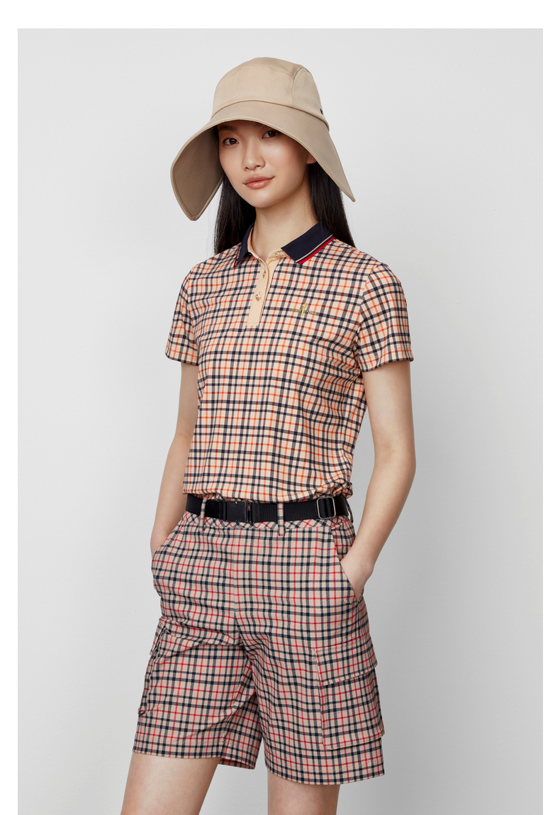 印花抗皱柔软比音勒芬2022春夏新品女士polo衫格纹时尚复古短袖上衣