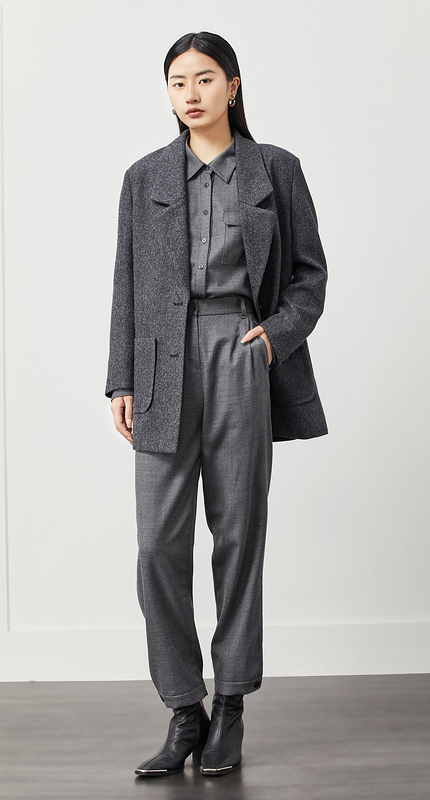 ott商场同款2021冬新品原创轻奢大廓形西装外套女os1700715纯色烟灰s