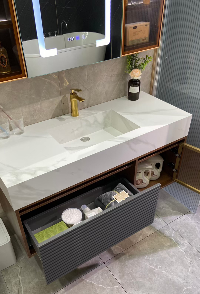 一体岩板轻奢浴室柜组合现代实木智能洗漱台卫生间洗手洗脸盆定制一体