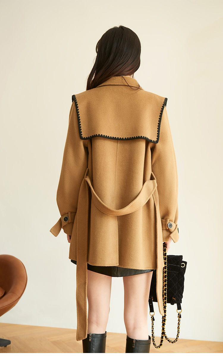 双面羊绒衣女中长款2021新款羊毛冬小个子海军领西装毛呢外套潮驼色