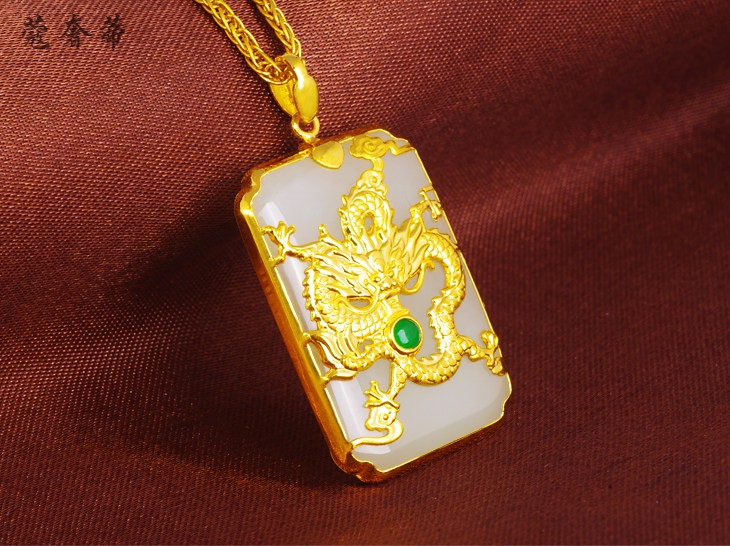 蔻奢蒂cotti&co999足金黄金镶玉吊坠龙和田白玉墨玉龙牌男金包玉男款