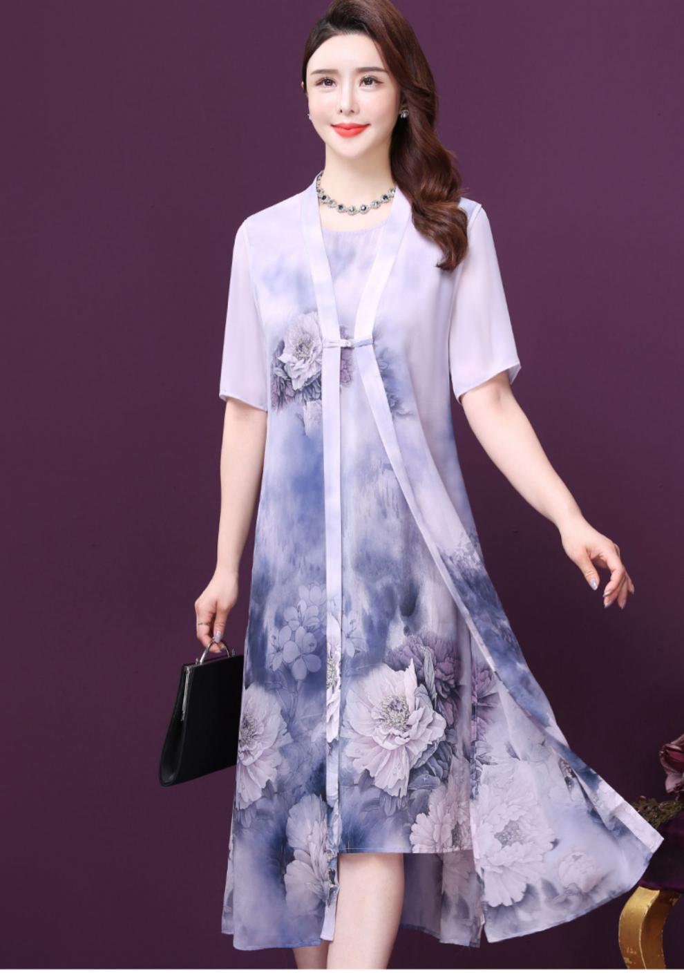 王小鸭2022新款宽松气质仙女真丝两连衣裙女夏复古中式连衣裙粉色2xl