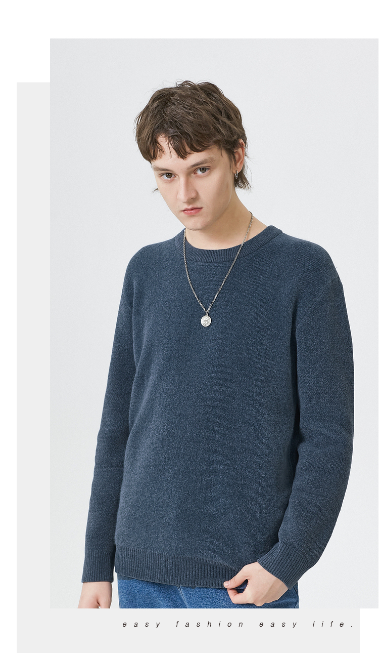 三福2021冬季男雪尼尔一体绒毛衣休闲简约圆领上衣男442668黑色17088a