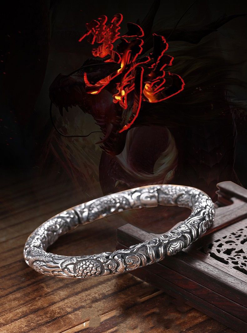 s999足银圆柱雕龙手镯网红老九门同款银镯男士个性潮流银手饰约64克款