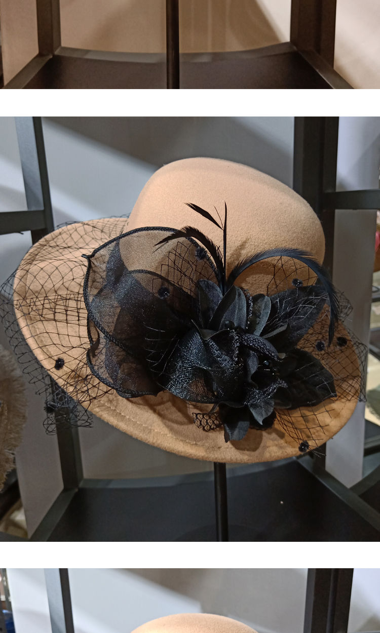 澈逸礼帽黑色羽毛帽子女冬季时尚网纱百搭仿羊毛呢名媛复古礼帽女网纱