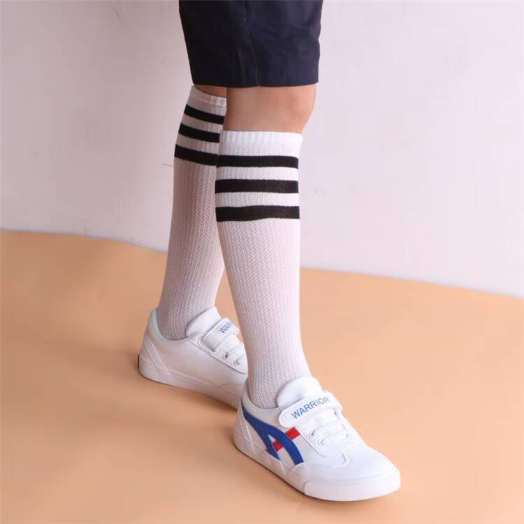 女童中筒袜薄款镂空夏不过膝棉半截袜男孩条纹运动袜白色足球袜 白色