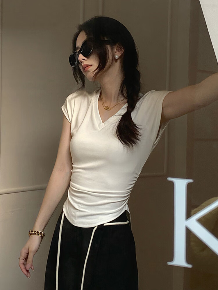 女生衣服夏天紧身恤夏款丅领不规则短袖恤女夏季棉正肩弧形下摆设计感
