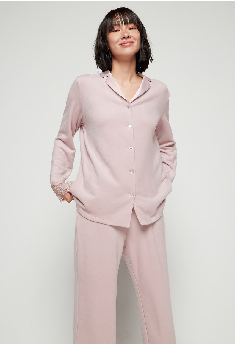 爱慕睡衣家居服女士秋季亲肤暖丝翻领开衫长袖长裤家居套装am466581