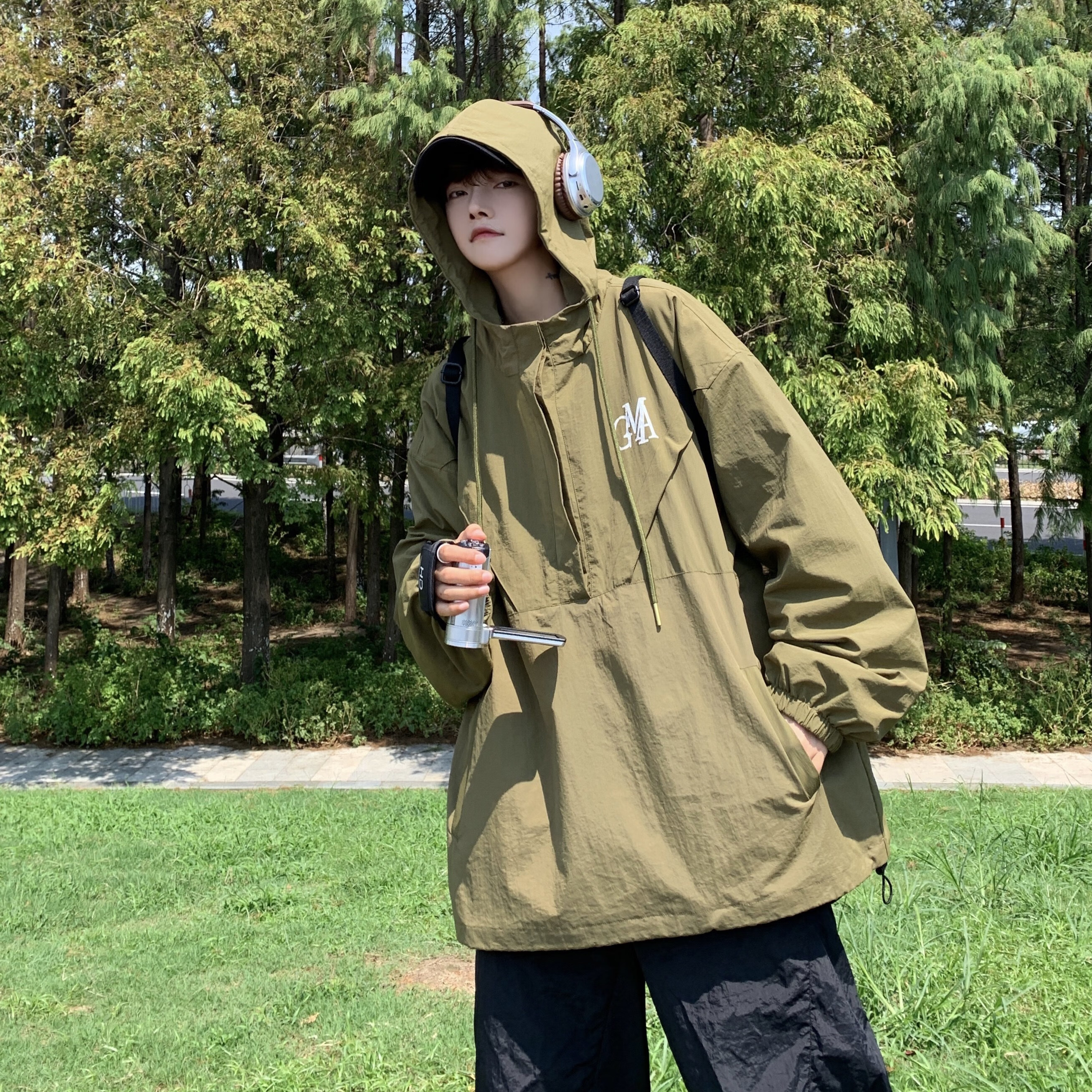 冲锋衣美式acronym套头外套男秋冬款潮牌机能风休闲情侣连帽夹克 黑色