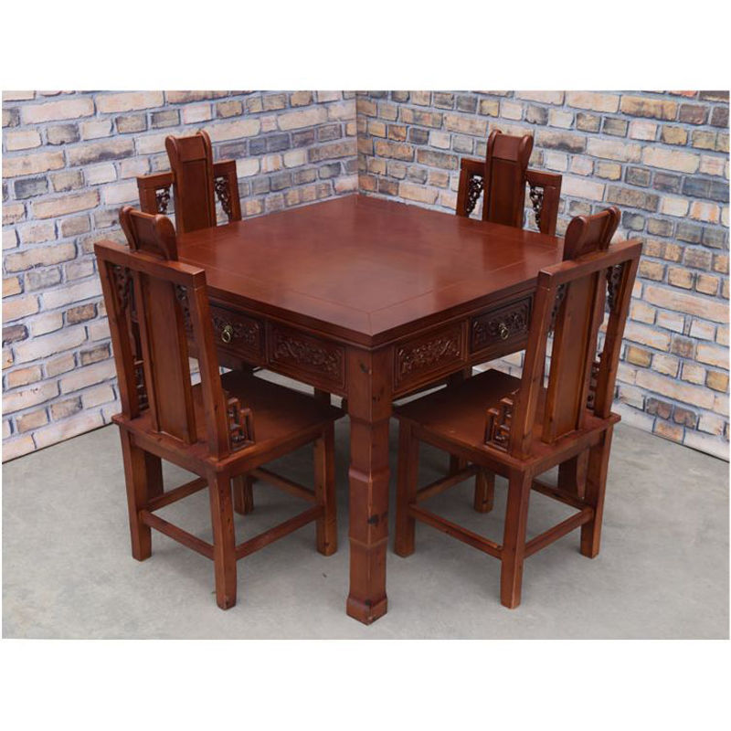 红胡桃色实木餐桌带抽屉家用八仙桌供桌餐馆面馆特色四方桌饭桌子 80