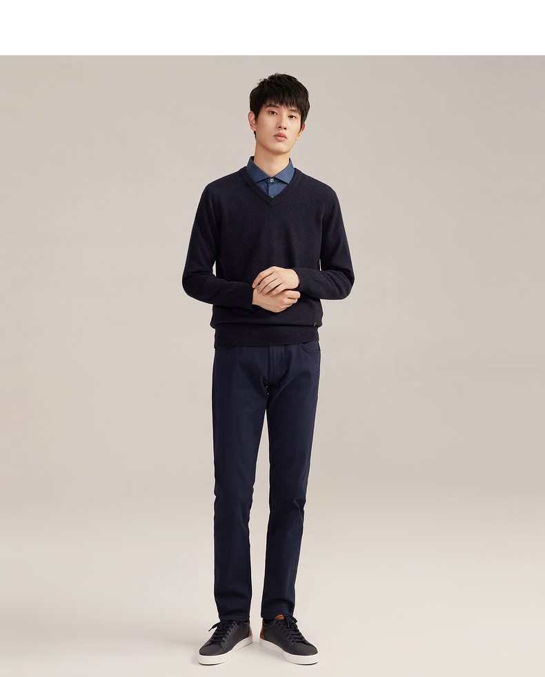 鄂尔多斯1980男装21秋冬新品百搭v领羊绒衫男商务通勤男套衫深铁蓝