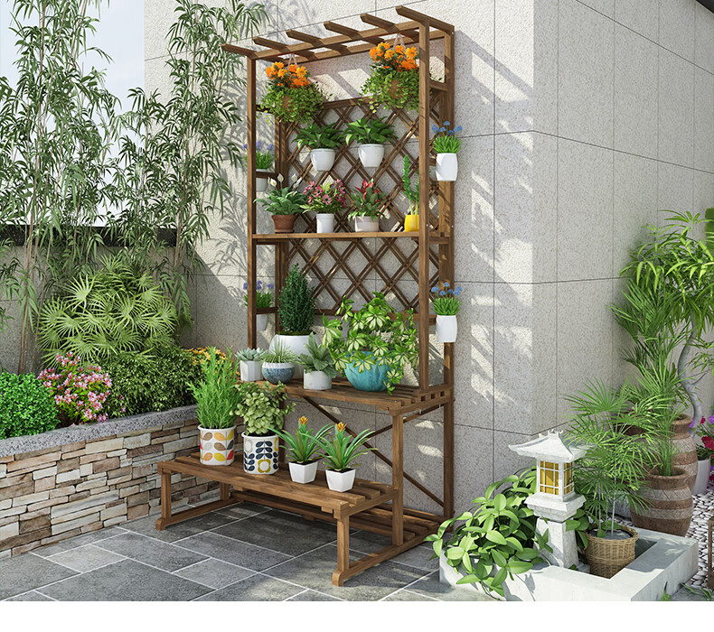 阳台花架防腐木庭院阳台花架置物架实木落地式多层花架子室外户外花盆