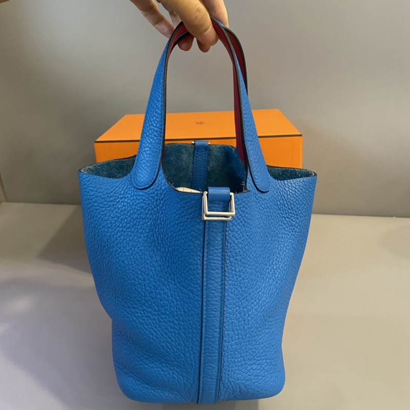 二手95新爱马仕hermespicotin18菜篮子水桶包女士手提包金棕银扣tc皮y