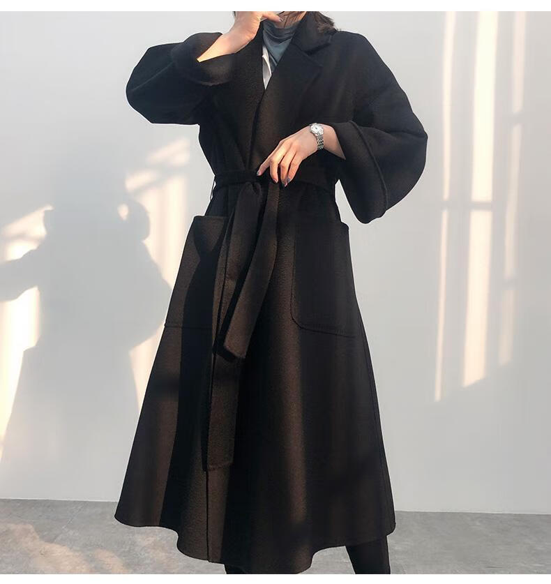 高端水波纹双面羊毛羊绒大衣女中长款秋冬新过膝毛呢外套 祖母绿 xl