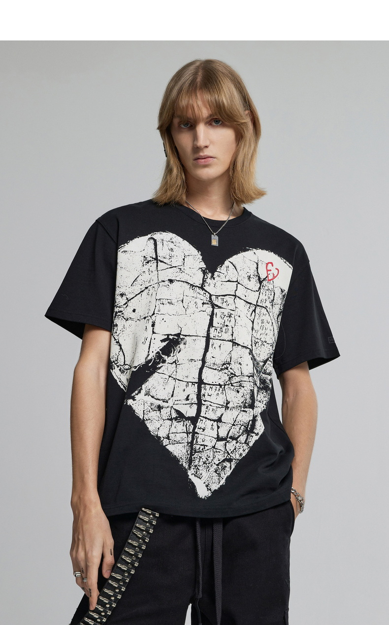 【inxx】allpick国潮复古甲骨文爱心印花潮流街头宽松重磅短袖t恤