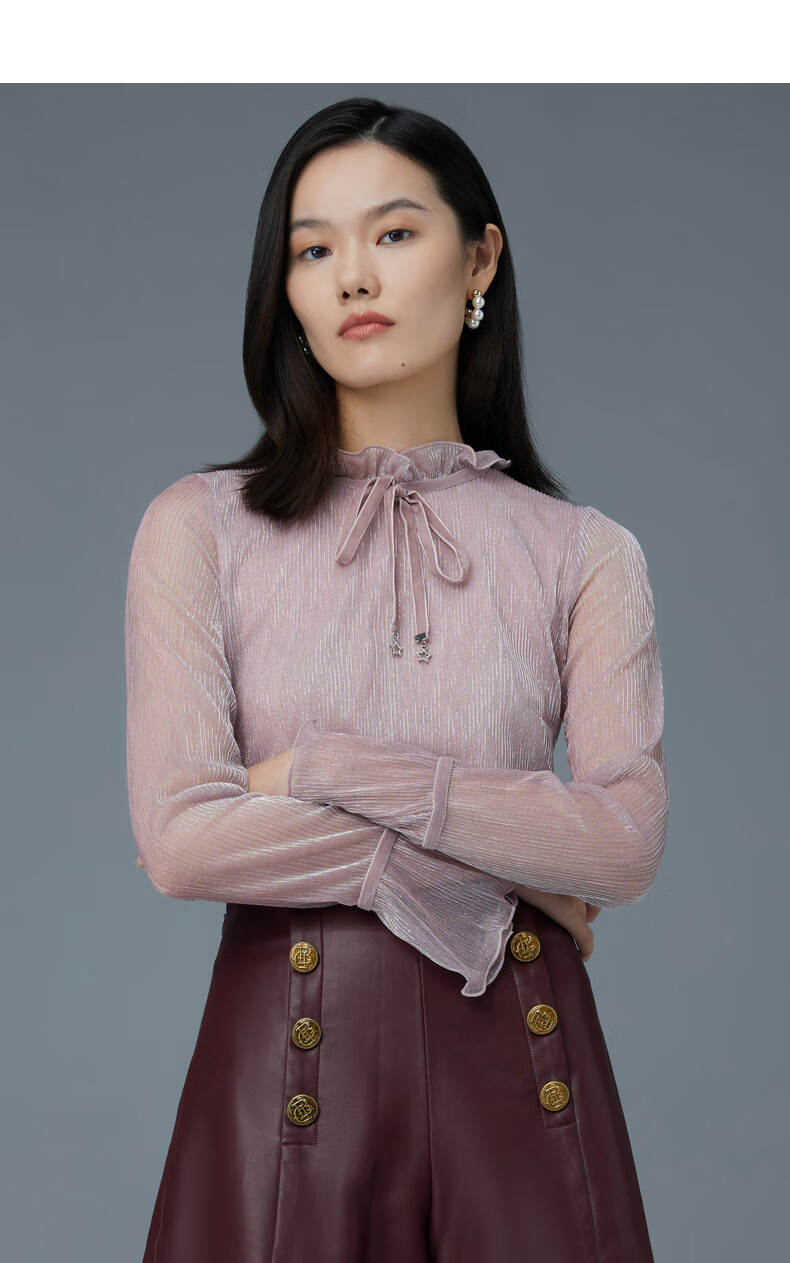 芭蒂娜时尚雪纺衫秋冬新款优雅淑女立领系带网纱公主袖打底衬衫女灰紫