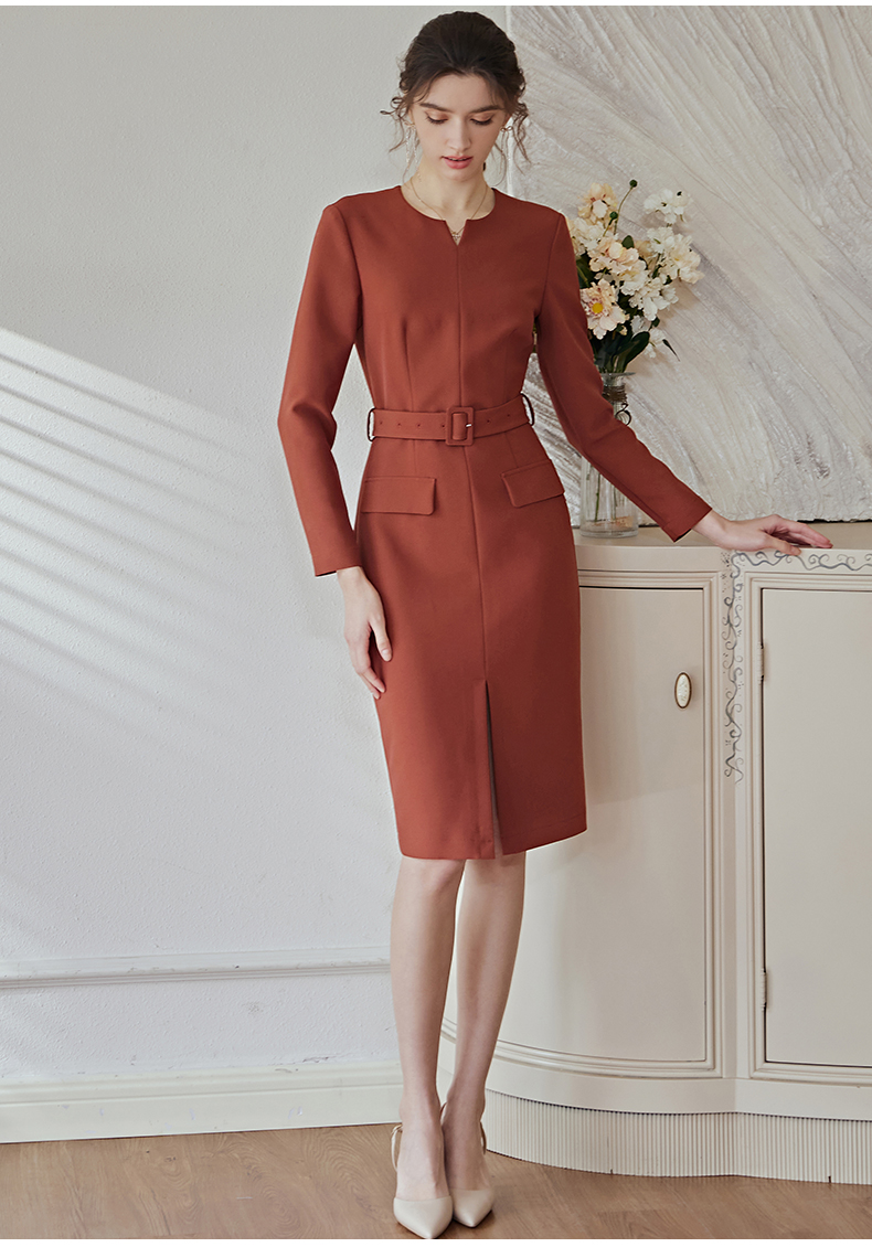 roeyshouse罗衣气质砖红色连衣裙女2022春装新款知性修身系带开叉裙子