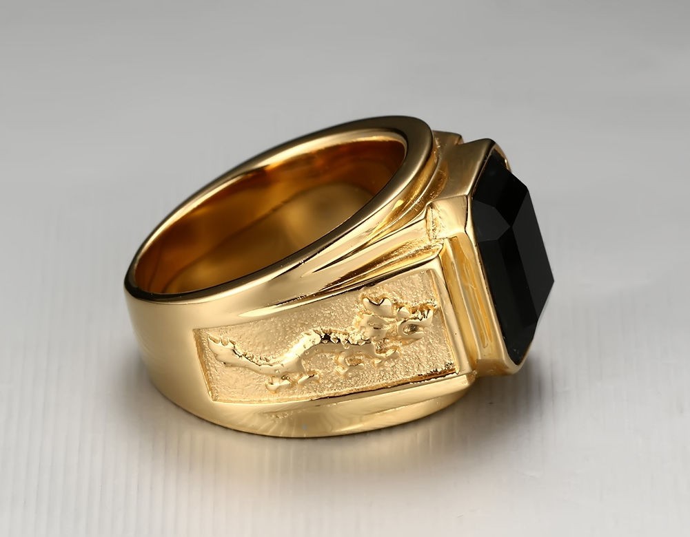 老凤凰同款霸气龙纹男士复古宝石戒指金色新款指环宽潮男钛钢配不掉色