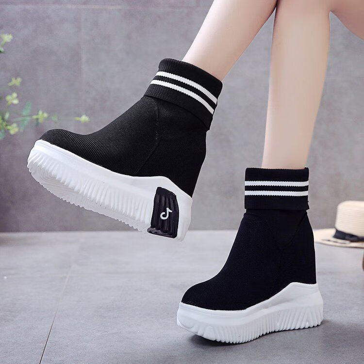 春秋针织单鞋超高坡跟中筒袜靴弹力马靴12cm内增高女厚底袜子短靴