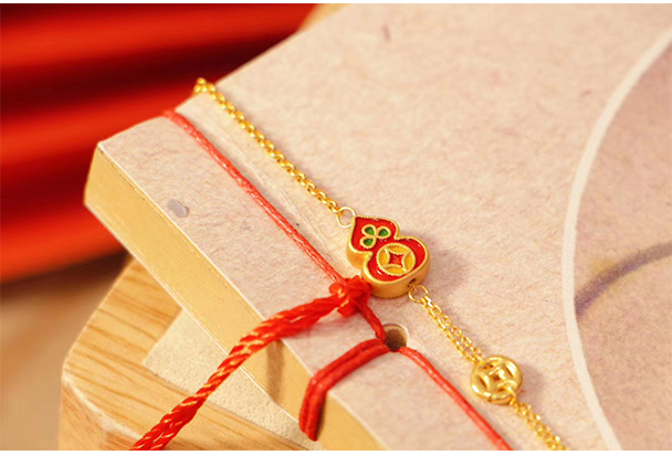 妙灵阁黄金小葫芦手链女款复古999足金diy钱币古法烧蓝手链加长尾链