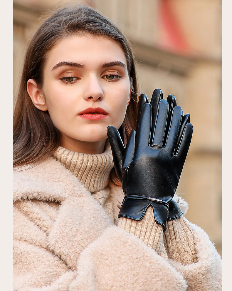 稻草人皮手套女秋冬季保暖加绒加厚骑车骑行冬天防风防寒pu皮可爱开车