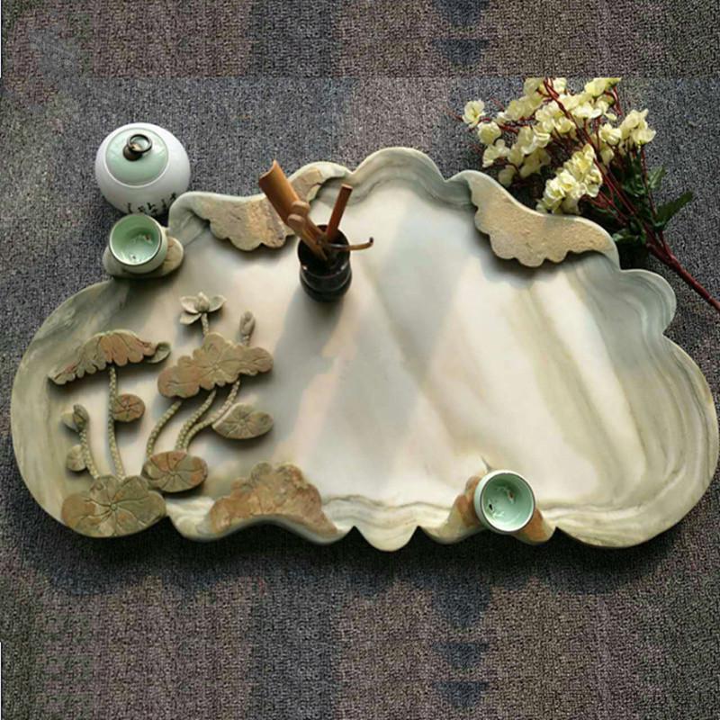 手工雕刻石头茶盘排水大小号易水石头茶台石雕过年送礼荷叶款式7035
