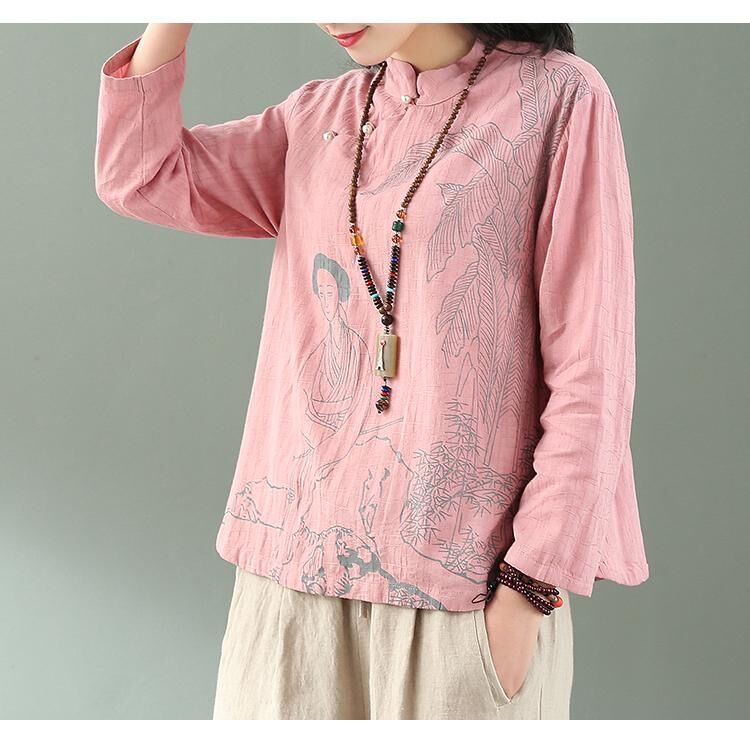 21春夏新款印花太极服女棉麻时尚长袖中国风晨练服斜襟复古上衣粉色l