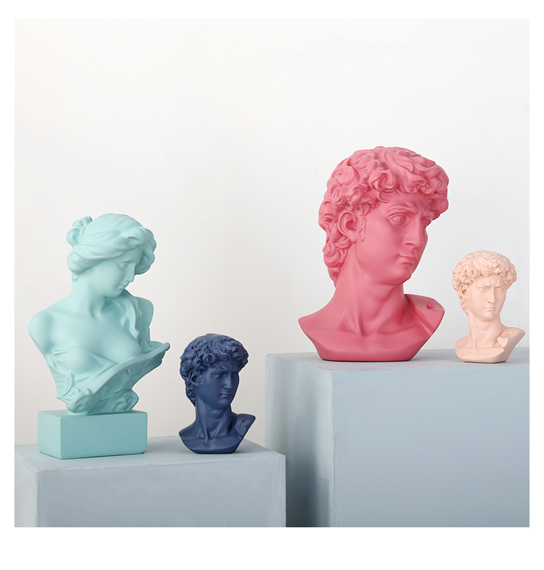 北欧莫兰迪色人物雕塑复古摆件大卫石膏雕像艺术头像美发店装饰品小号