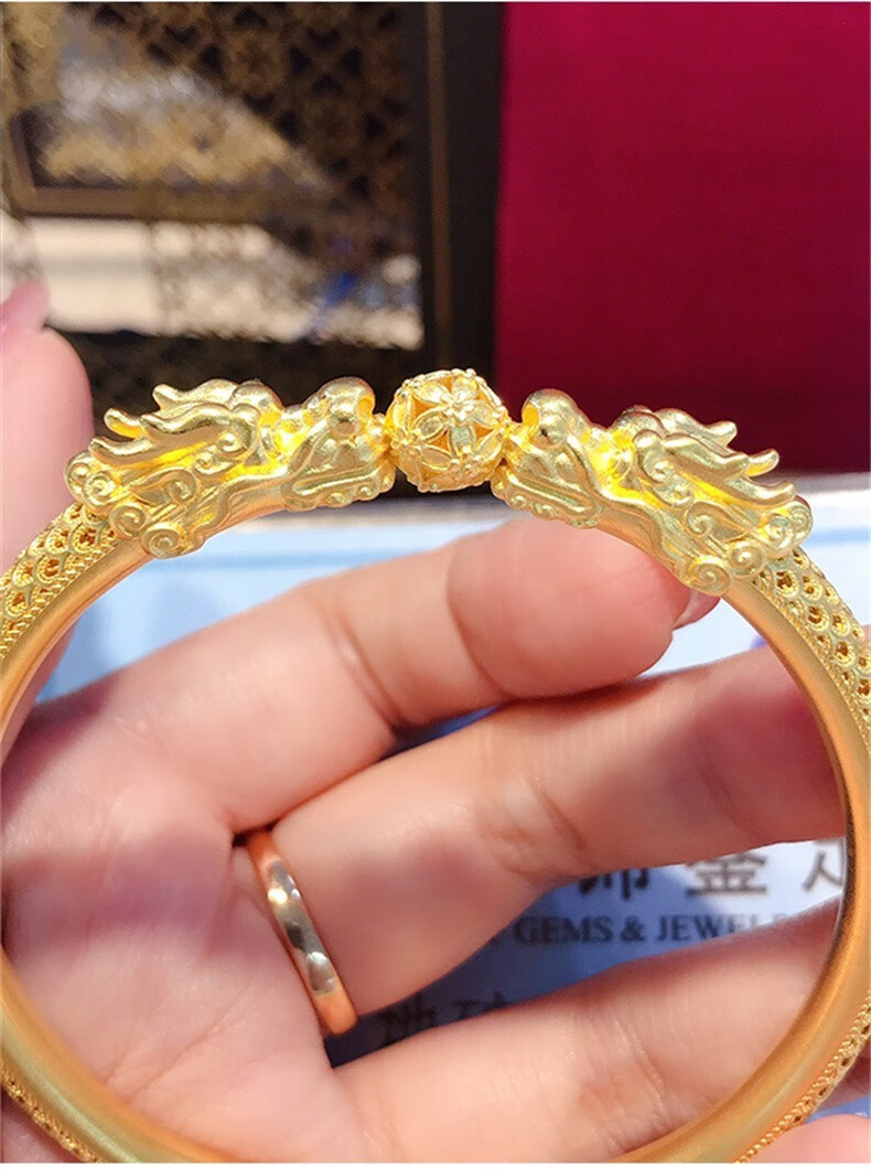玺阅珠宝双龙戏珠手镯女足金999古法黄金镯子花丝镂空足金镯子女士