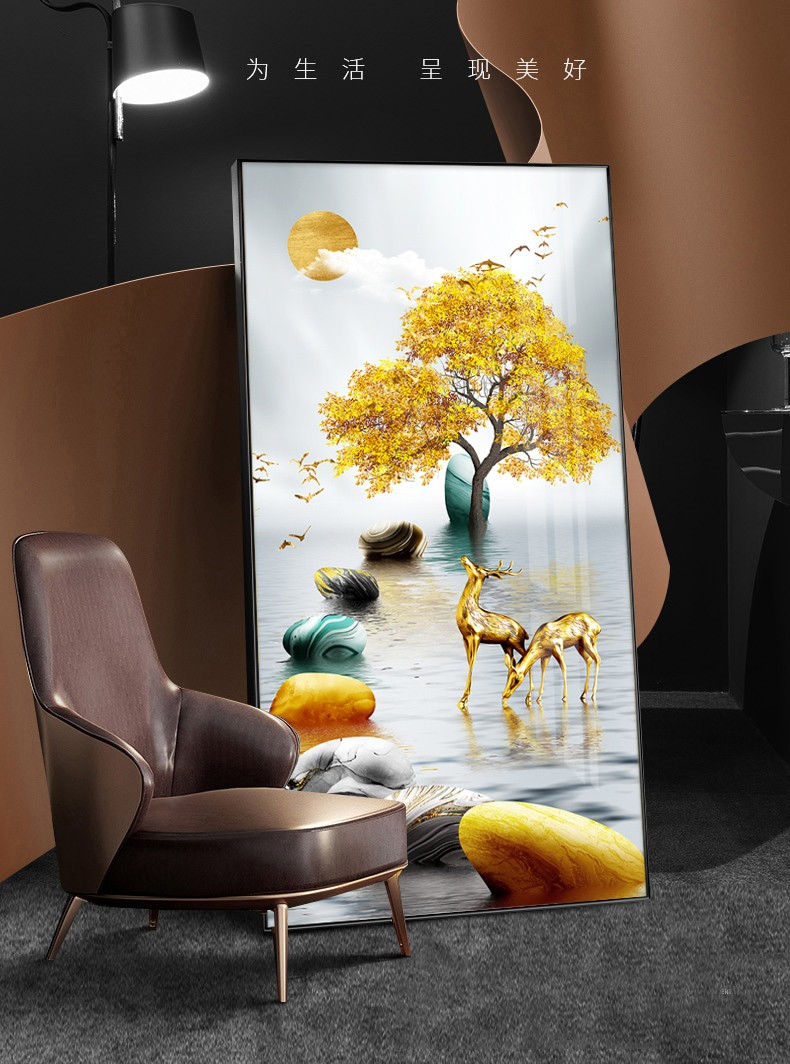 泉湘阁轻奢玄关装饰画水晶烤瓷晶钻竖版挂画现代简约走廊招财挂画立体